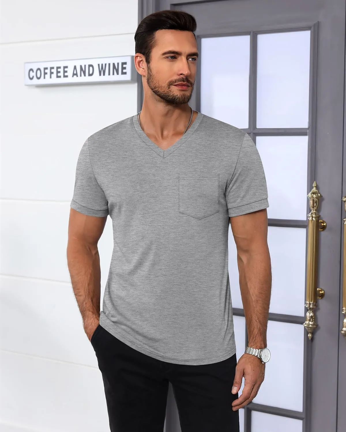 Ficerd 3 Pack Men's V Neck Pocket T-Shirts Short Sleeve Comfort Dressy Tee Shirts Casual Summer Athletic Plain Color Tops