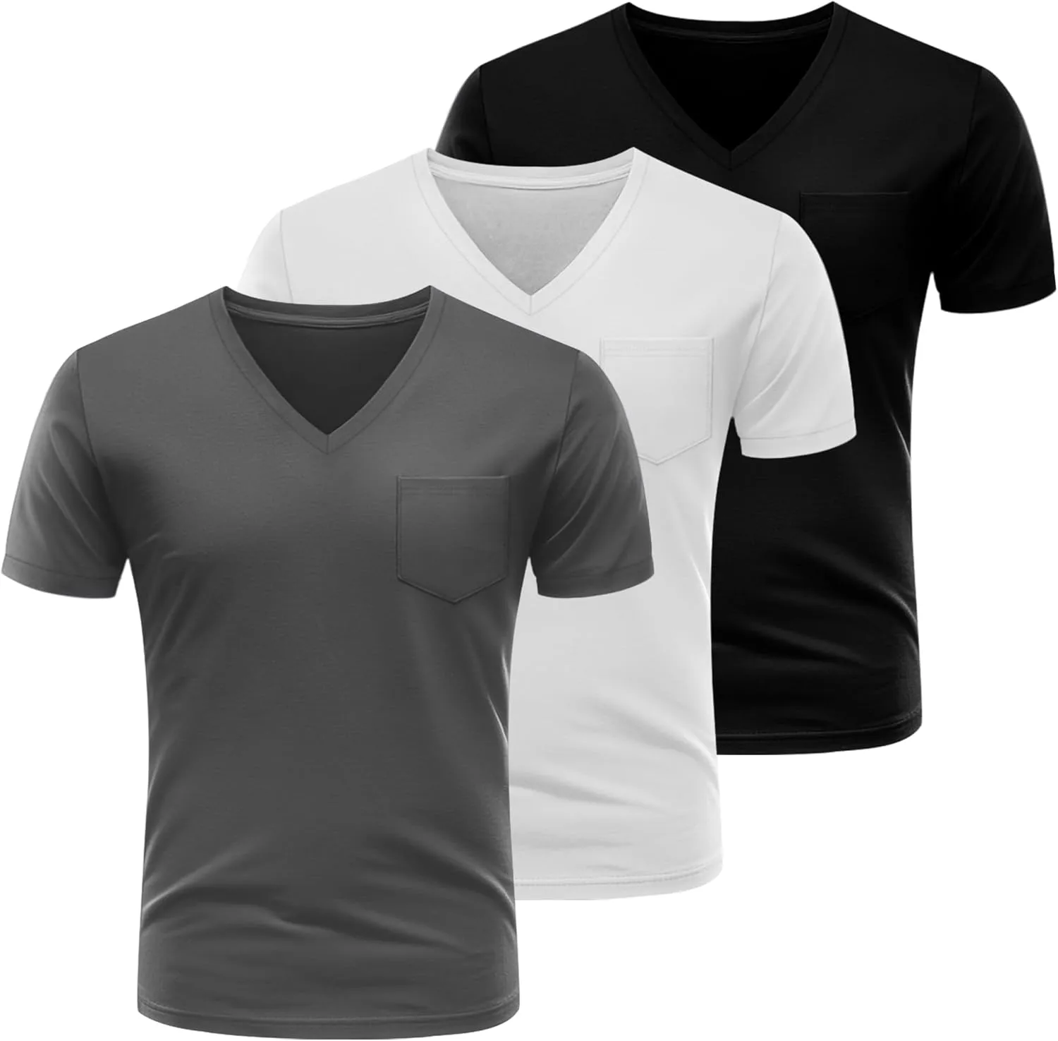 Ficerd 3 Pack Men's V Neck Pocket T-Shirts Short Sleeve Comfort Dressy Tee Shirts Casual Summer Athletic Plain Color Tops