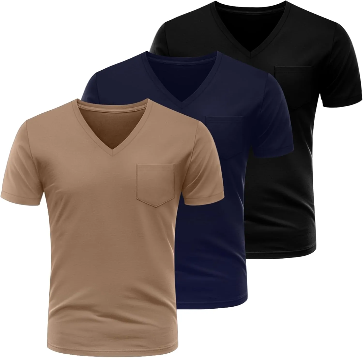 Ficerd 3 Pack Men's V Neck Pocket T-Shirts Short Sleeve Comfort Dressy Tee Shirts Casual Summer Athletic Plain Color Tops