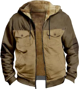 Fleece Jacket Men Workout Vintage Fuzzy Sherpa Lined Jacket Casual Zipper Winter Warm Jacket Coats with Cargo Pockets