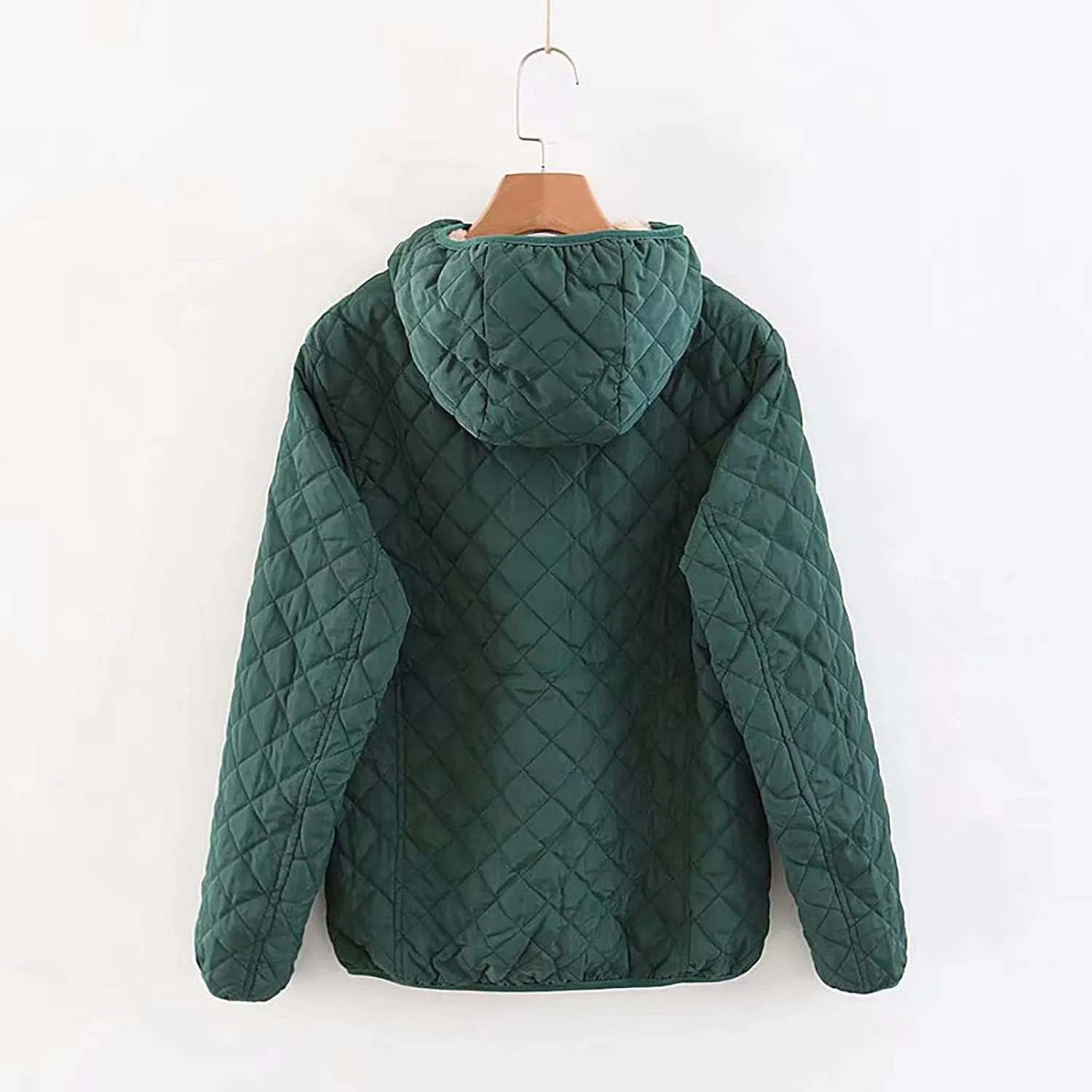 Fleece Lined Coat for Women Trendy Diamond Quilted Zipper Jacket Lightweight Long Sleeve Hooded Outwear with Pockets