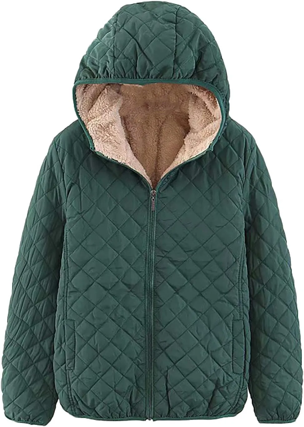 Fleece Lined Coat for Women Trendy Diamond Quilted Zipper Jacket Lightweight Long Sleeve Hooded Outwear with Pockets