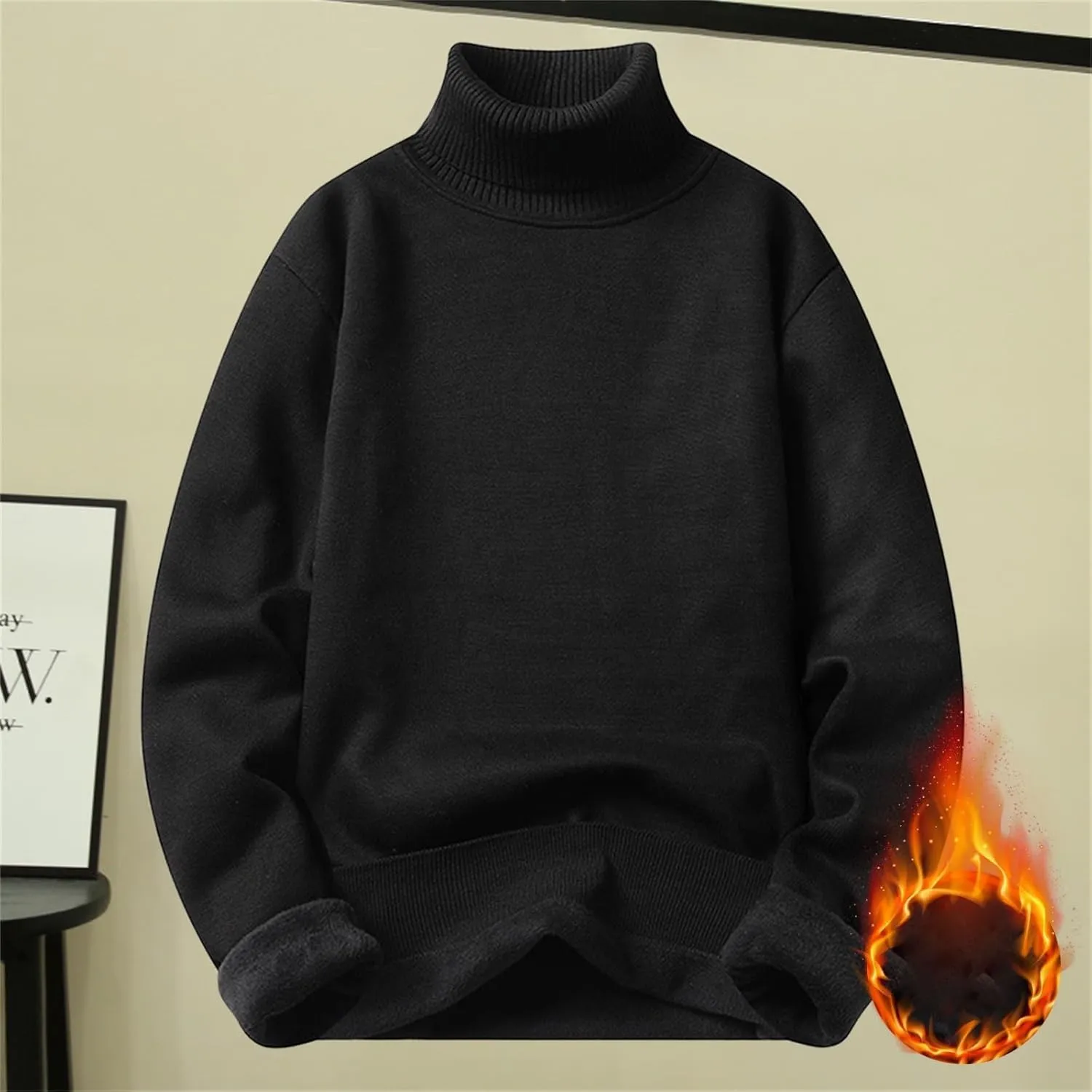 Fleece Lined Sweatshirts for Men Turtleneck Oversized Long Sleeve Knit Sweater Solid Casual Winter Warm Pullover Tops
