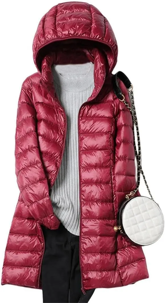 FMCHICO Women's Winter Down Jacket Plus Size Long Down Outerwear Puffer Jacket Hooded Coat