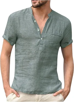 generic Men's Linen Shirts Casual Button Down Short Sleeve Summer Quick Dry Breathable T-Shirt Mens Lounge Tops Plain Solid