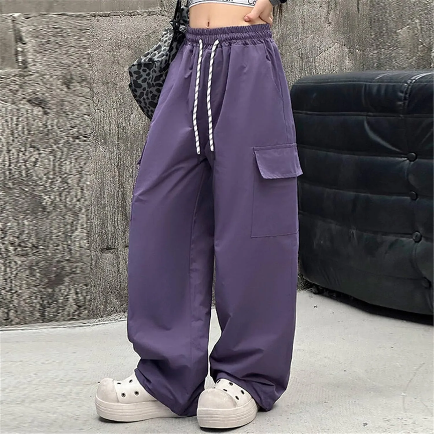 Girls Cargo Pants Wide Leg Pants Streetwear Kids Pants with Pockets Trendy Jogger Trousers Zipper Track Pants