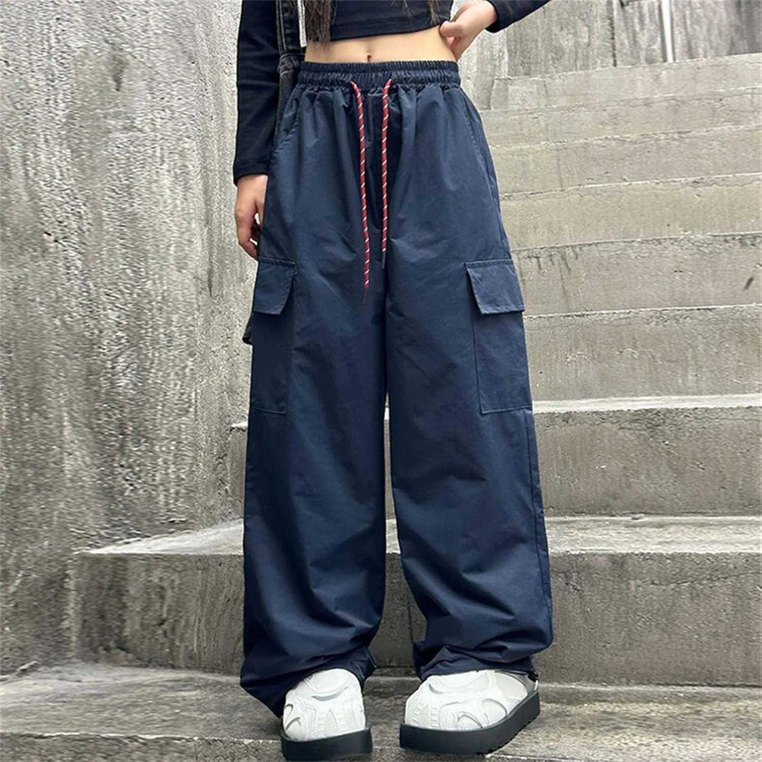 Girls Cargo Pants Wide Leg Pants Streetwear Kids Pants with Pockets Trendy Jogger Trousers Zipper Track Pants