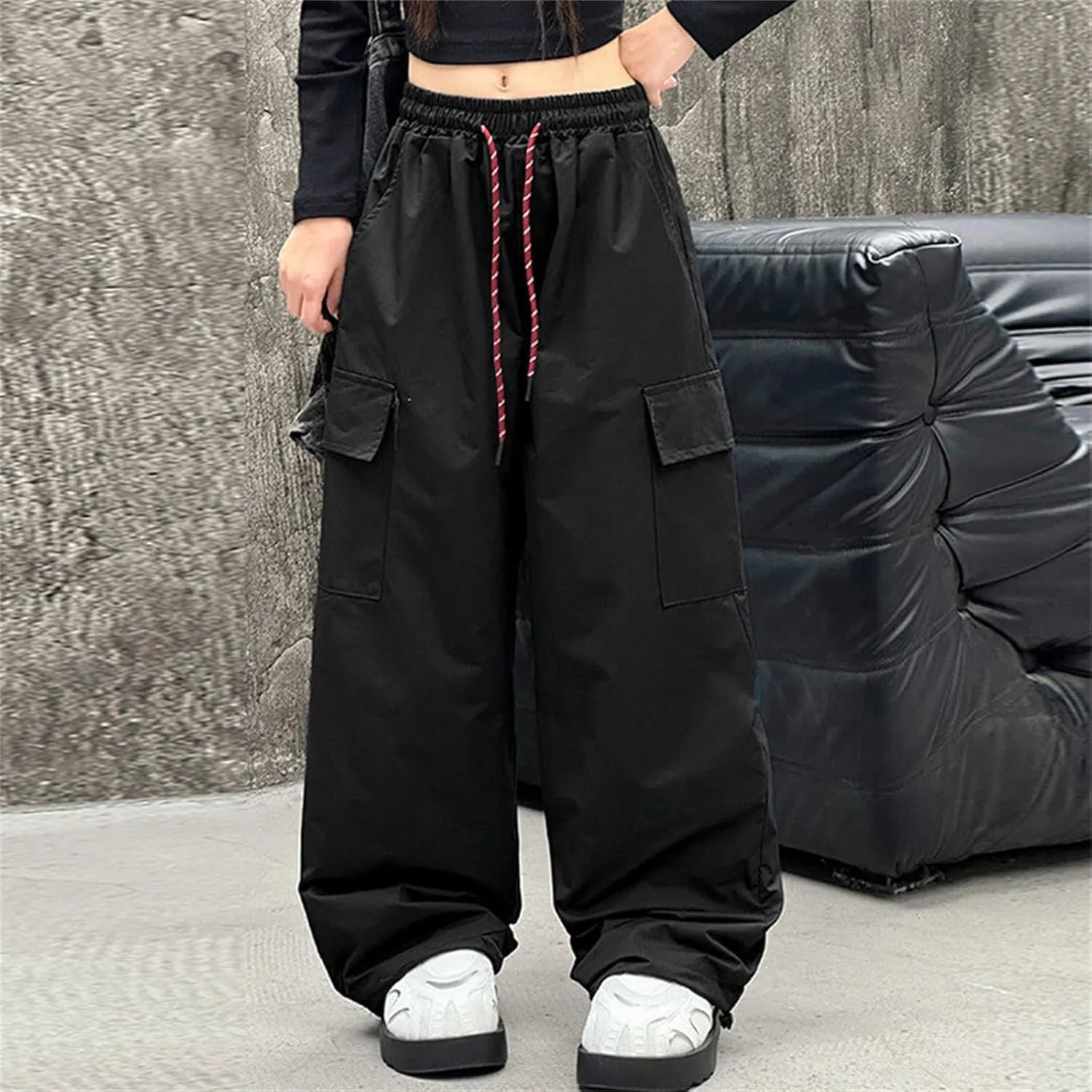 Girls Cargo Pants Wide Leg Pants Streetwear Kids Pants with Pockets Trendy Jogger Trousers Zipper Track Pants