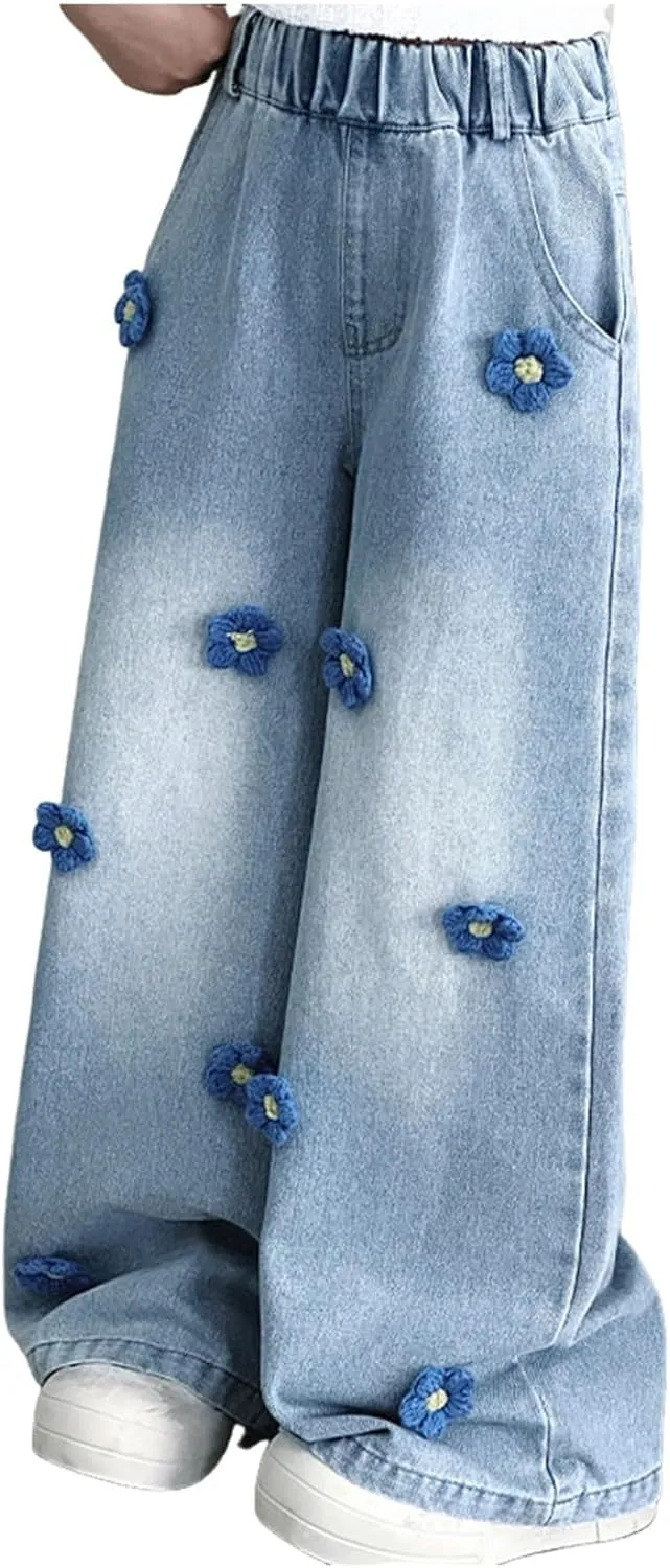 Girls Jeans Wide Leg Baggy Denim Pants High Elastic Waist Cute 3D Bowknot Trousers Trendy Y2k Streetwear Kids Jeans