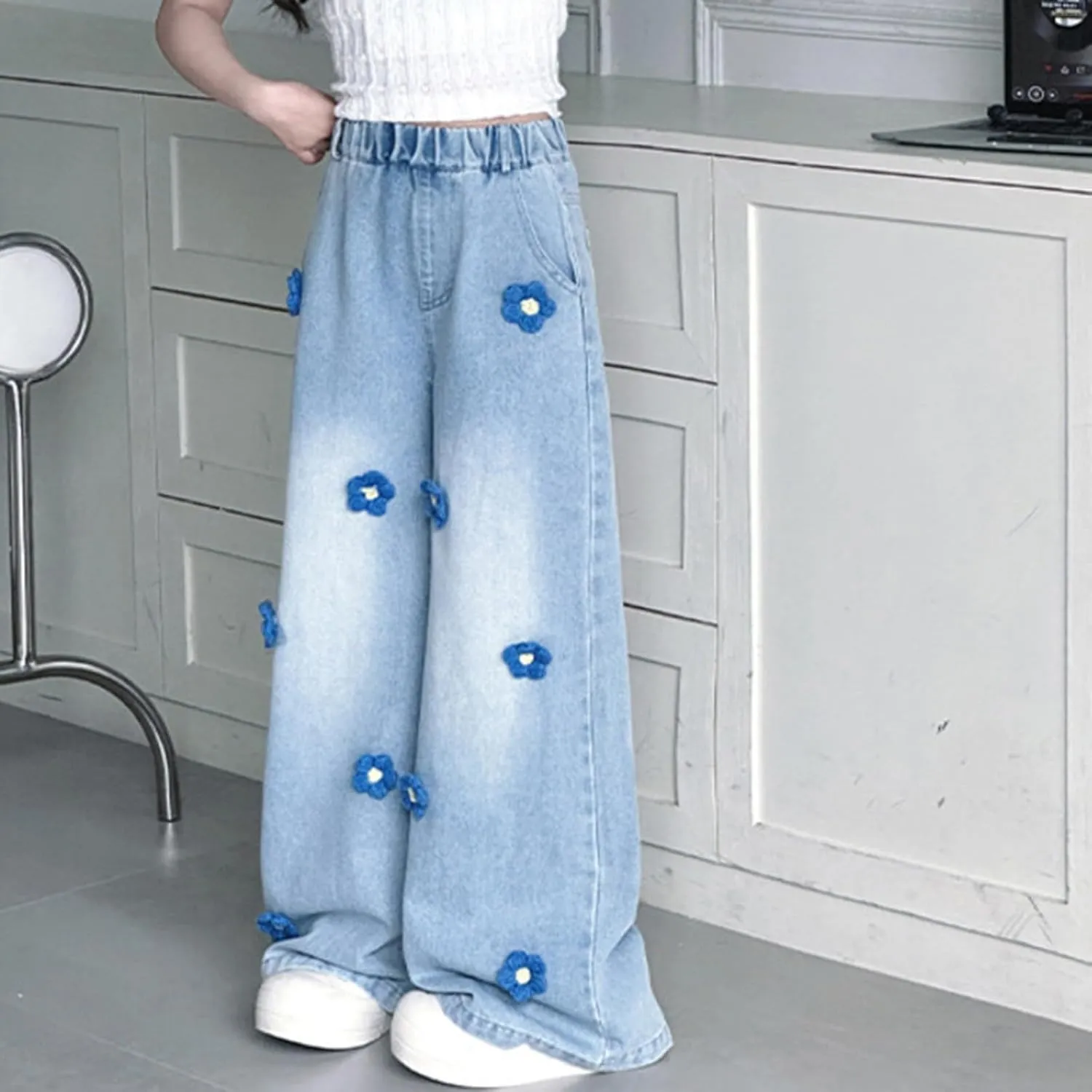 Girls Jeans Wide Leg Baggy Denim Pants High Elastic Waist Cute 3D Bowknot Trousers Trendy Y2k Streetwear Kids Jeans