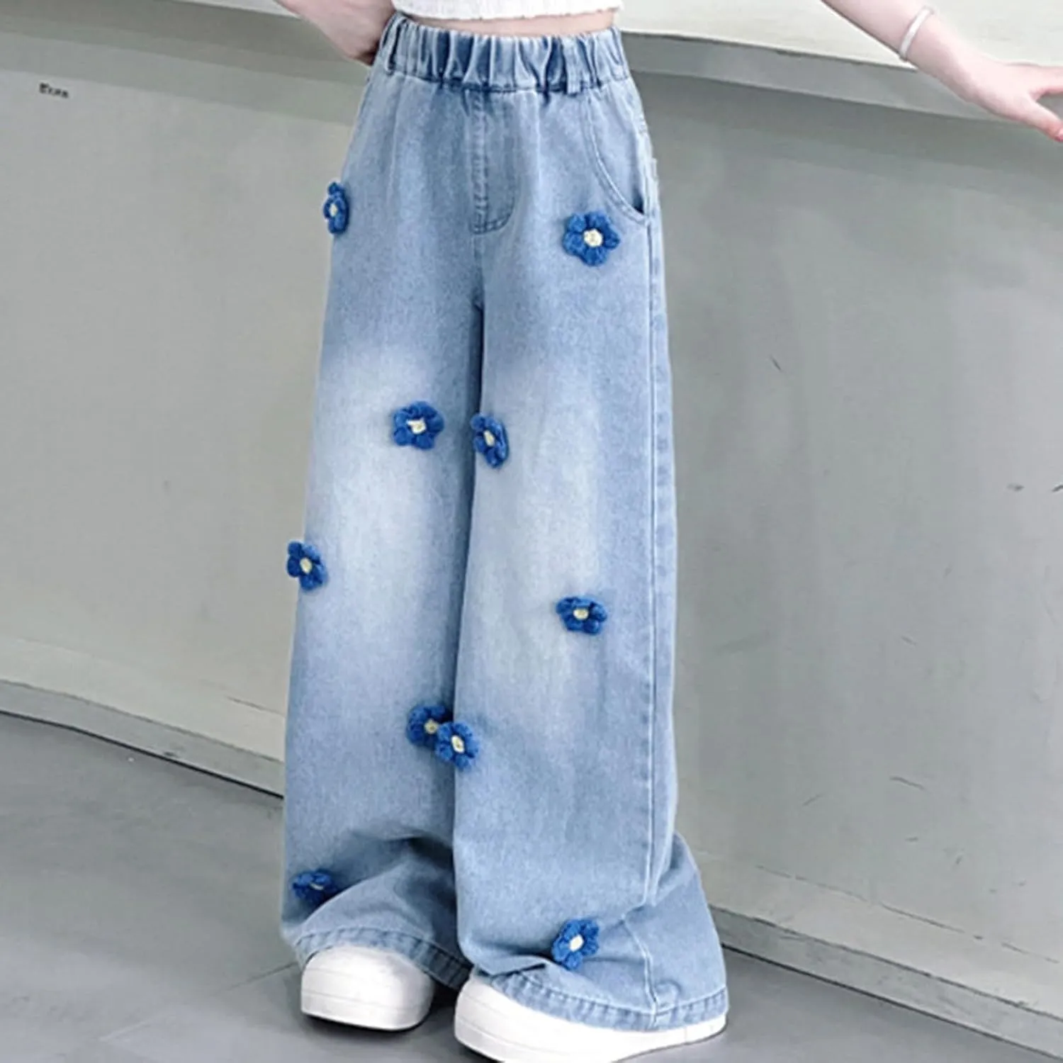 Girls Jeans Wide Leg Baggy Denim Pants High Elastic Waist Cute 3D Bowknot Trousers Trendy Y2k Streetwear Kids Jeans