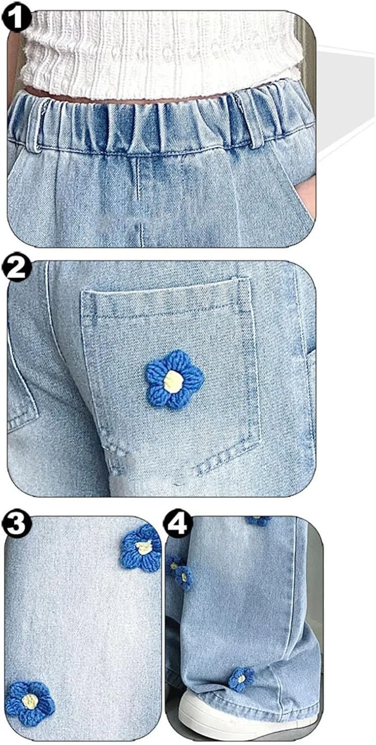 Girls Jeans Wide Leg Baggy Denim Pants High Elastic Waist Cute 3D Bowknot Trousers Trendy Y2k Streetwear Kids Jeans