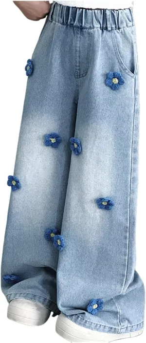 Girls Jeans Wide Leg Baggy Denim Pants High Elastic Waist Cute 3D Bowknot Trousers Trendy Y2k Streetwear Kids Jeans
