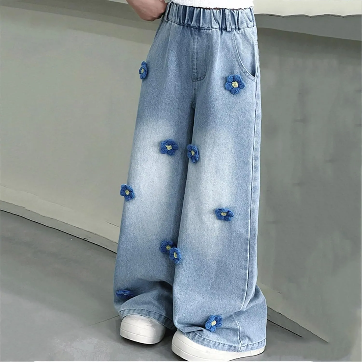 Girls Jeans Wide Leg Baggy Denim Pants High Elastic Waist Cute 3D Bowknot Trousers Trendy Y2k Streetwear Kids Jeans