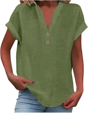 GOKKILRW Linen Shirts for Women V Neck Lightweight Gauze Blouse Short Sleeve Office Work Tops Hippie Vacation Beach T-Shirts
