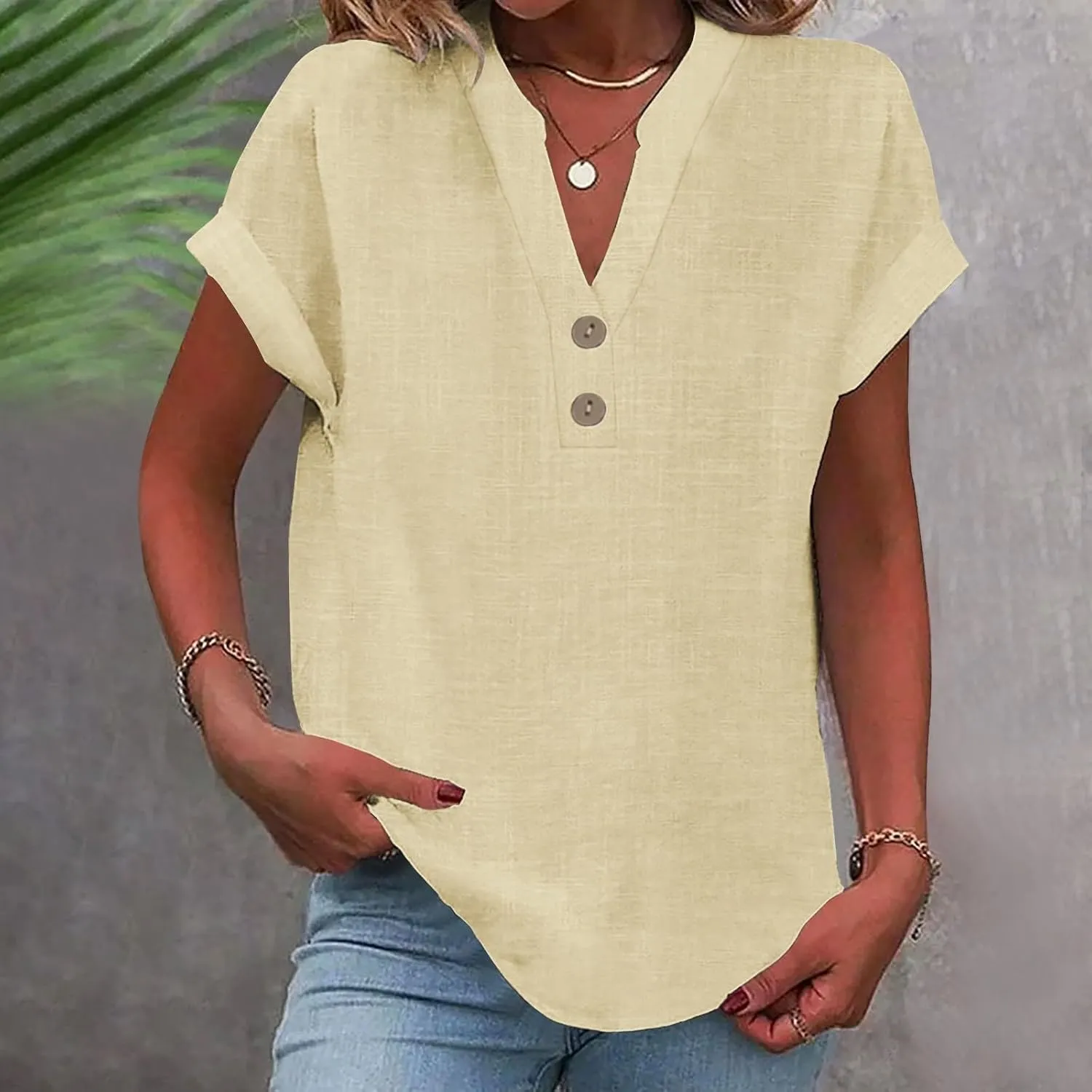 GOKKILRW Linen Shirts for Women V Neck Lightweight Gauze Blouse Short Sleeve Office Work Tops Hippie Vacation Beach T-Shirts