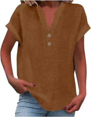 GOKKILRW Linen Shirts for Women V Neck Lightweight Gauze Blouse Short Sleeve Office Work Tops Hippie Vacation Beach T-Shirts