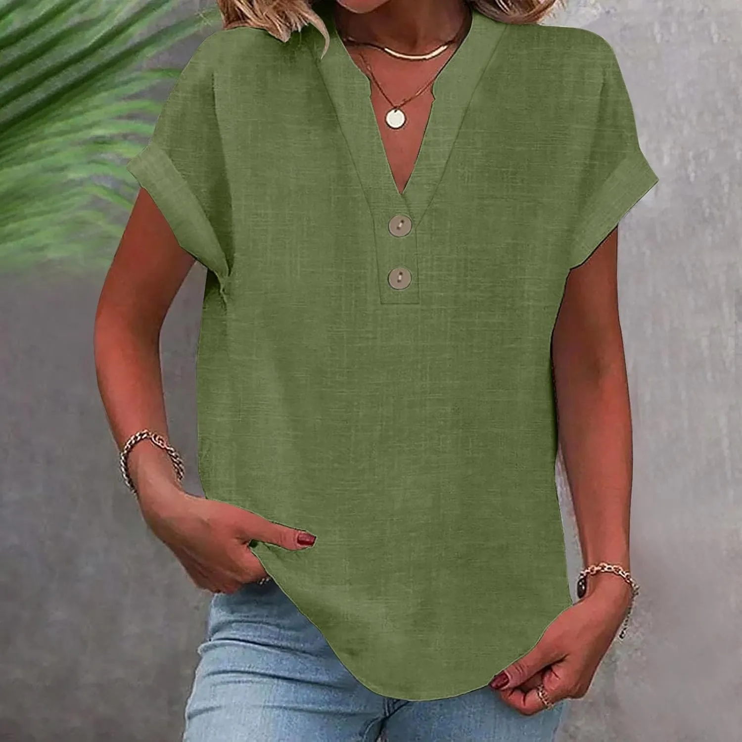 GOKKILRW Linen Shirts for Women V Neck Lightweight Gauze Blouse Short Sleeve Office Work Tops Hippie Vacation Beach T-Shirts