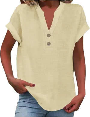 GOKKILRW Linen Shirts for Women V Neck Lightweight Gauze Blouse Short Sleeve Office Work Tops Hippie Vacation Beach T-Shirts