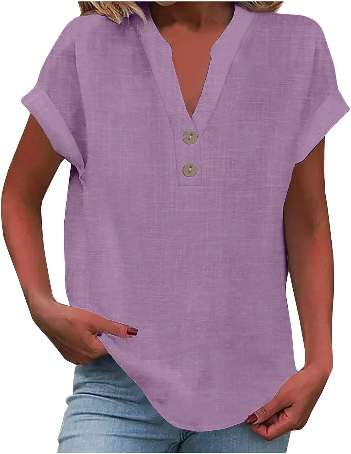 GOKKILRW Linen Shirts for Women V Neck Lightweight Gauze Blouse Short Sleeve Office Work Tops Hippie Vacation Beach T-Shirts