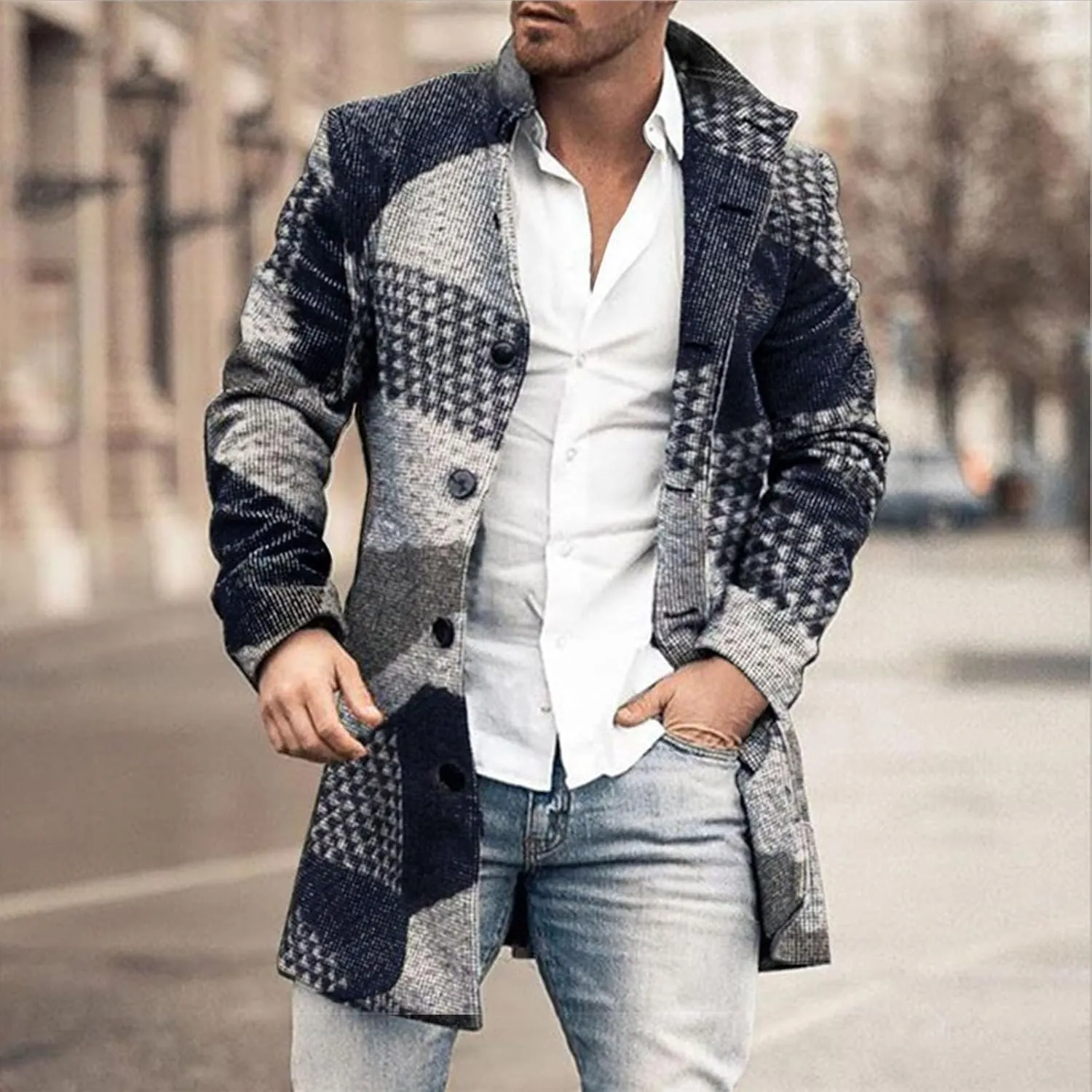 GOKKILRW Men Notched Lapel Single Breasted Trench Coat Winter Wool Blend Pea Coat Oversized Warm Business Jackets Windbreaker