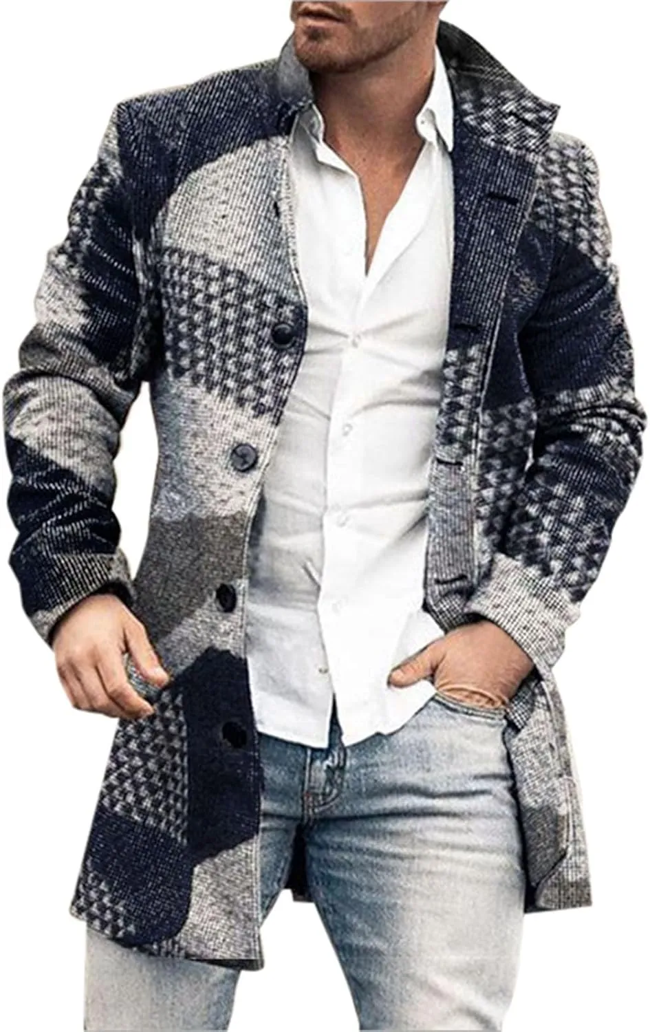 GOKKILRW Men Notched Lapel Single Breasted Trench Coat Winter Wool Blend Pea Coat Oversized Warm Business Jackets Windbreaker