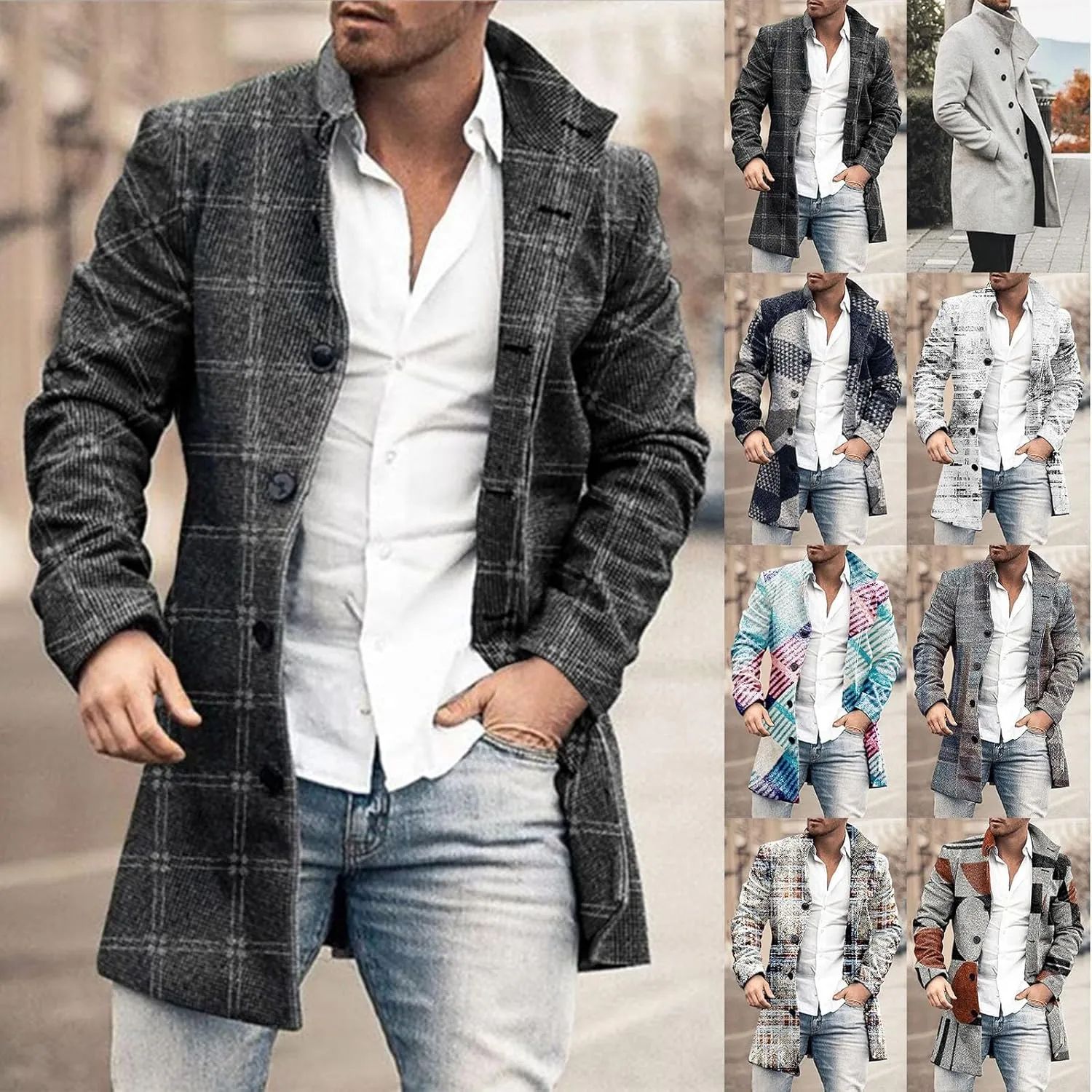 GOKKILRW Men Notched Lapel Single Breasted Trench Coat Winter Wool Blend Pea Coat Oversized Warm Business Jackets Windbreaker