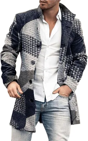GOKKILRW Men Notched Lapel Single Breasted Trench Coat Winter Wool Blend Pea Coat Oversized Warm Business Jackets Windbreaker