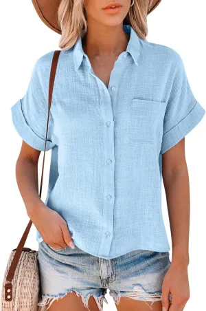 GOKKILRW Womens Linen Blouses Button Down Short Sleeve T Shirts Gauze Boho Dressy Casual Work Tops 2025 Summer Hippie Clothes