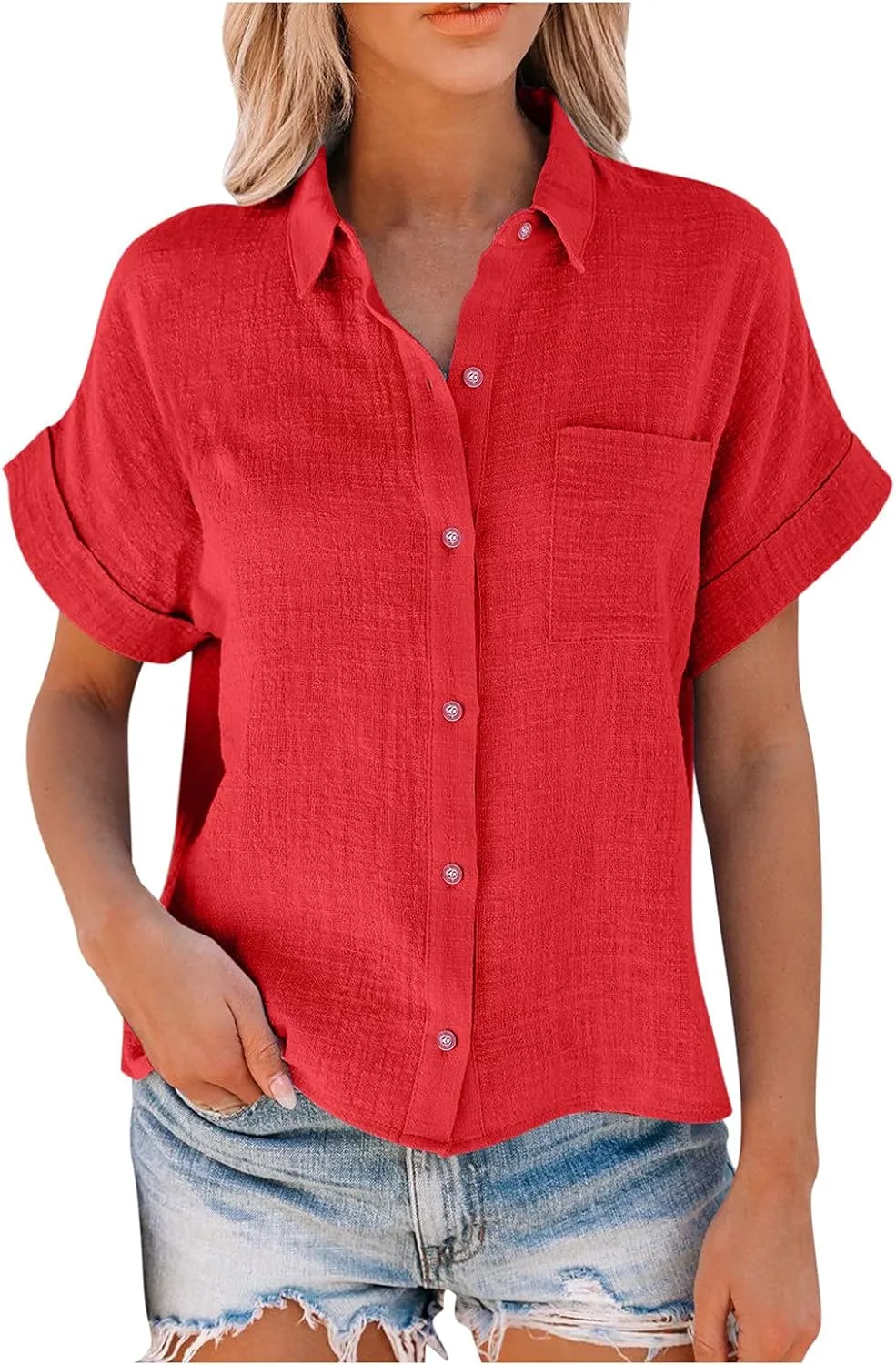 GOKKILRW Womens Linen Blouses Button Down Short Sleeve T Shirts Gauze Boho Dressy Casual Work Tops 2025 Summer Hippie Clothes