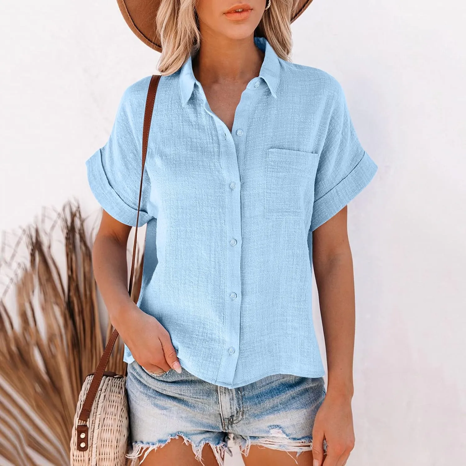 GOKKILRW Womens Linen Blouses Button Down Short Sleeve T Shirts Gauze Boho Dressy Casual Work Tops 2025 Summer Hippie Clothes
