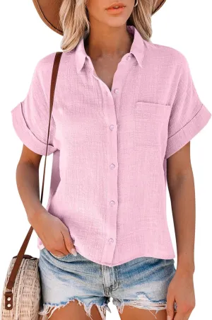 GOKKILRW Womens Linen Blouses Button Down Short Sleeve T Shirts Gauze Boho Dressy Casual Work Tops 2025 Summer Hippie Clothes