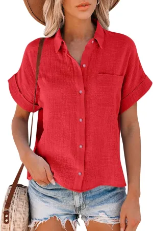 GOKKILRW Womens Linen Blouses Button Down Short Sleeve T Shirts Gauze Boho Dressy Casual Work Tops 2025 Summer Hippie Clothes