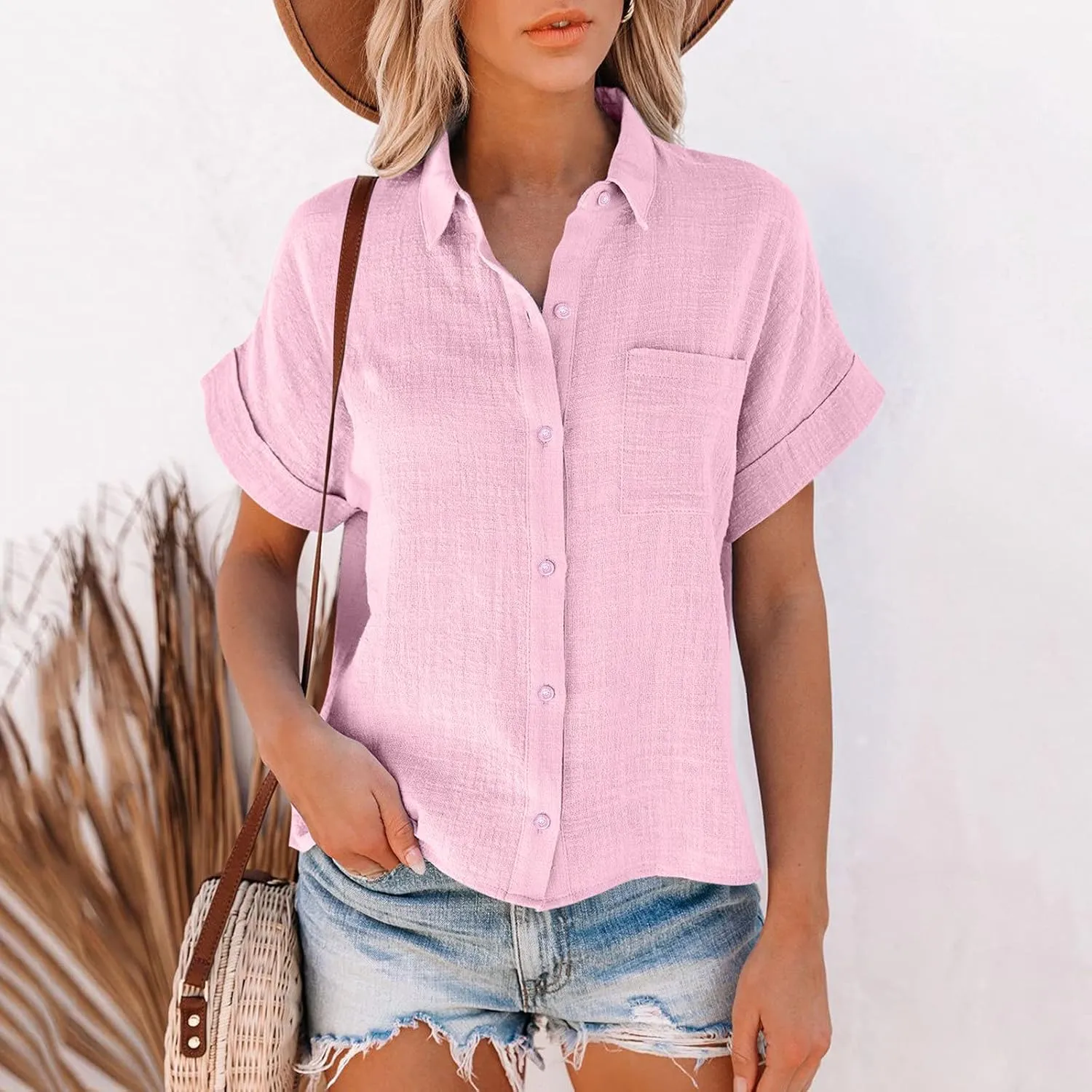GOKKILRW Womens Linen Blouses Button Down Short Sleeve T Shirts Gauze Boho Dressy Casual Work Tops 2025 Summer Hippie Clothes