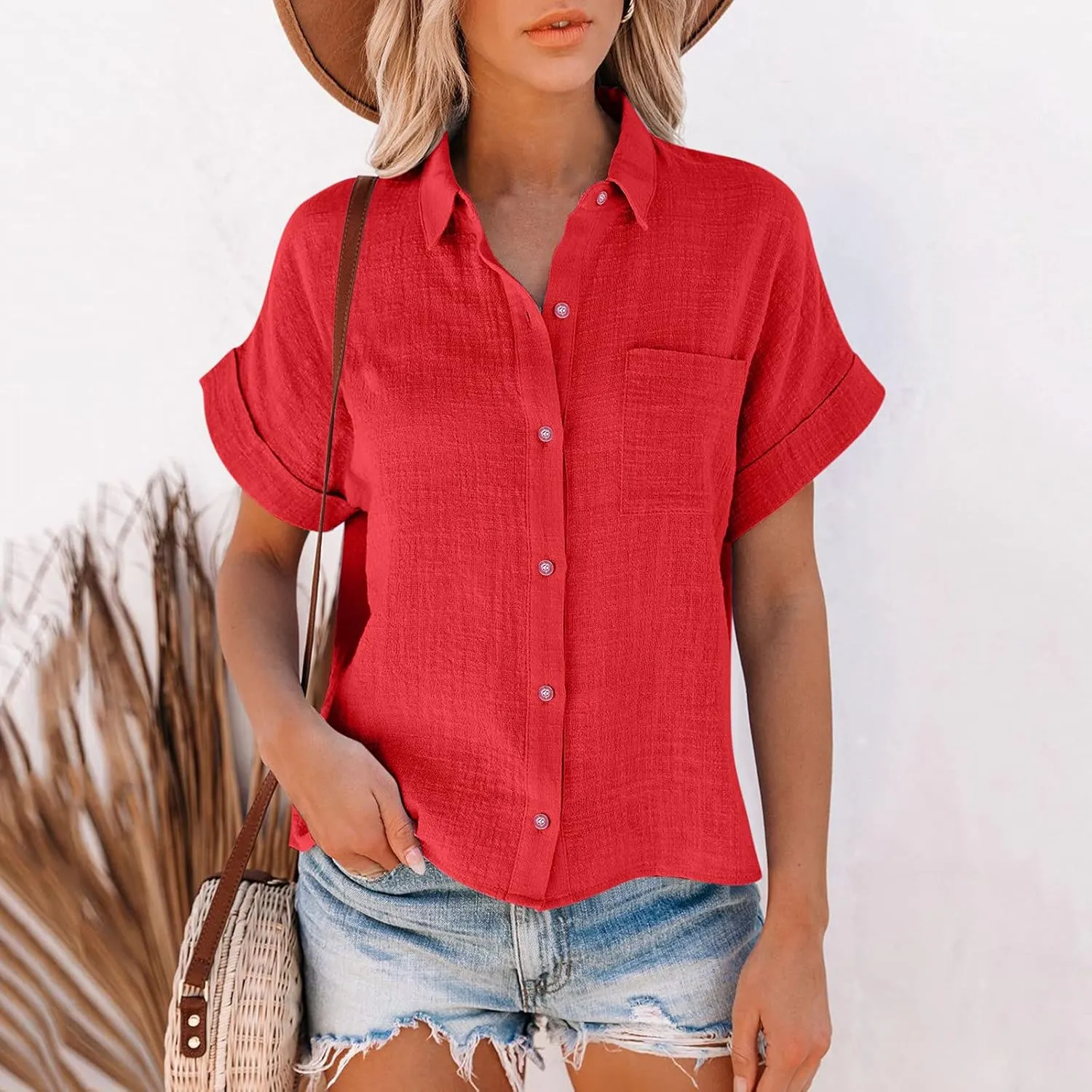 GOKKILRW Womens Linen Blouses Button Down Short Sleeve T Shirts Gauze Boho Dressy Casual Work Tops 2025 Summer Hippie Clothes