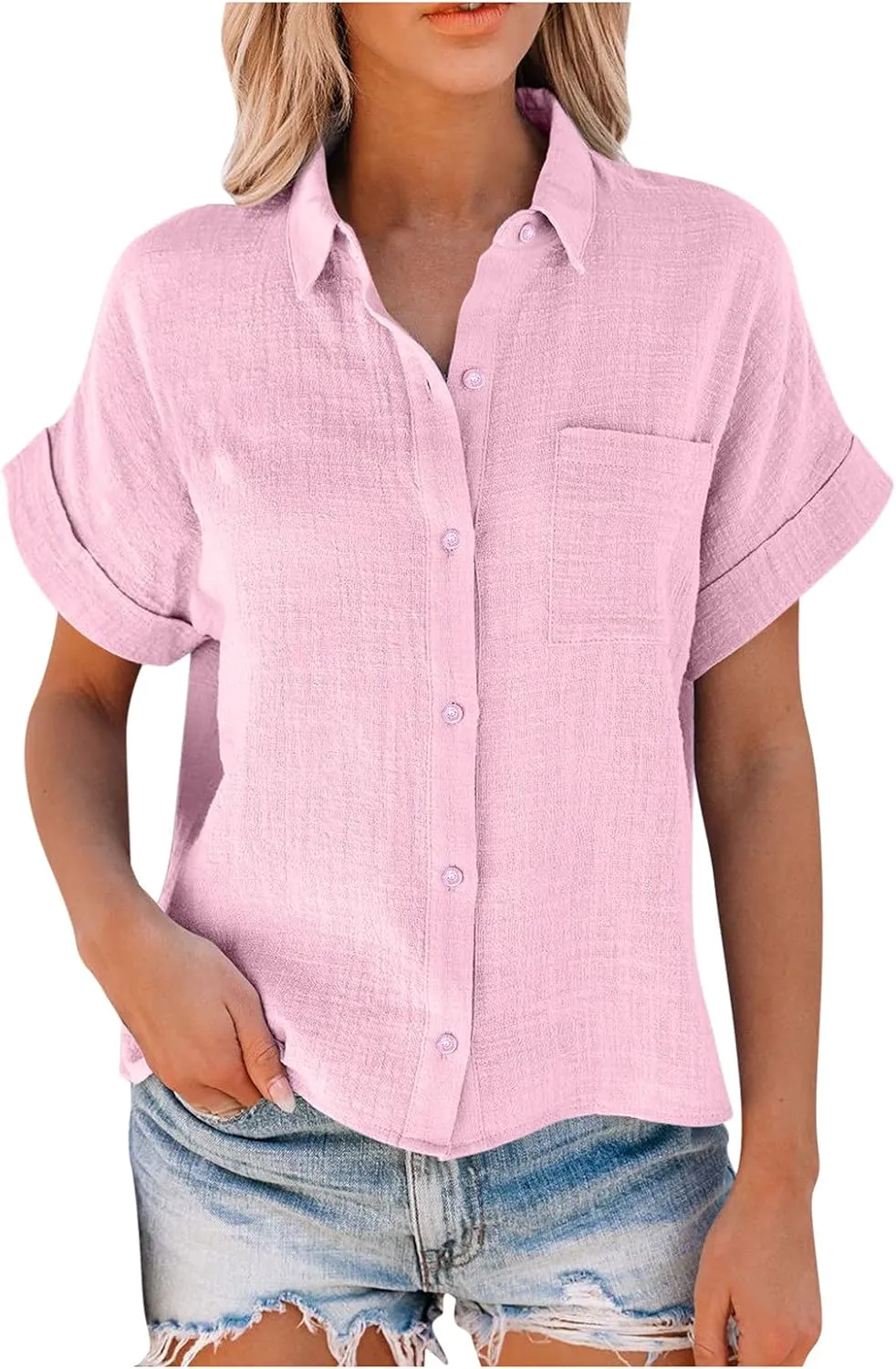 GOKKILRW Womens Linen Blouses Button Down Short Sleeve T Shirts Gauze Boho Dressy Casual Work Tops 2025 Summer Hippie Clothes