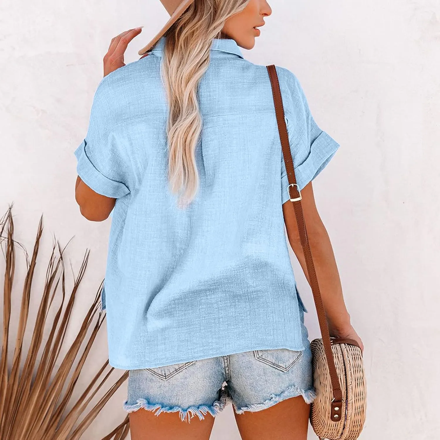 GOKKILRW Womens Linen Blouses Button Down Short Sleeve T Shirts Gauze Boho Dressy Casual Work Tops 2025 Summer Hippie Clothes