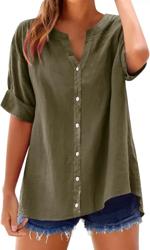 GOKKILRW Women's Linen Shirt Oversized Loose Fit Summer T-Shirts Button Down Casual Dressy Blouses Solid Going Out Tunic Tops