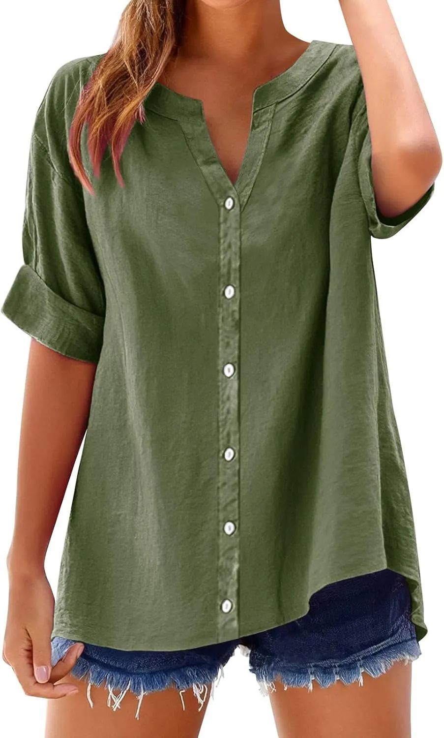 GOKKILRW Women's Linen Shirt Oversized Loose Fit Summer T-Shirts Button Down Casual Dressy Blouses Solid Going Out Tunic Tops