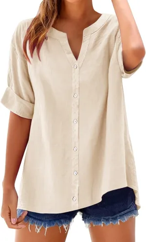 GOKKILRW Women's Linen Shirt Oversized Loose Fit Summer T-Shirts Button Down Casual Dressy Blouses Solid Going Out Tunic Tops