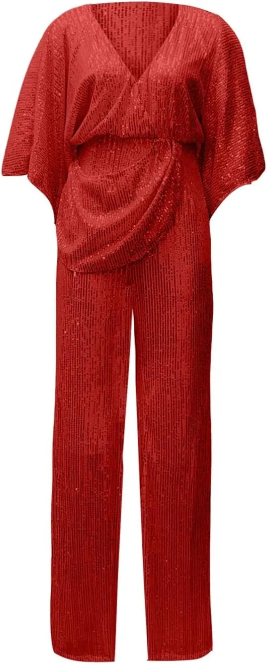 GOKKILRW Women's Sexy Sparkly Jumpsuits Elegant Deep V Neck Sequin Flare Long Sleeve Pants Outfit Cocktail Party Club Rompers