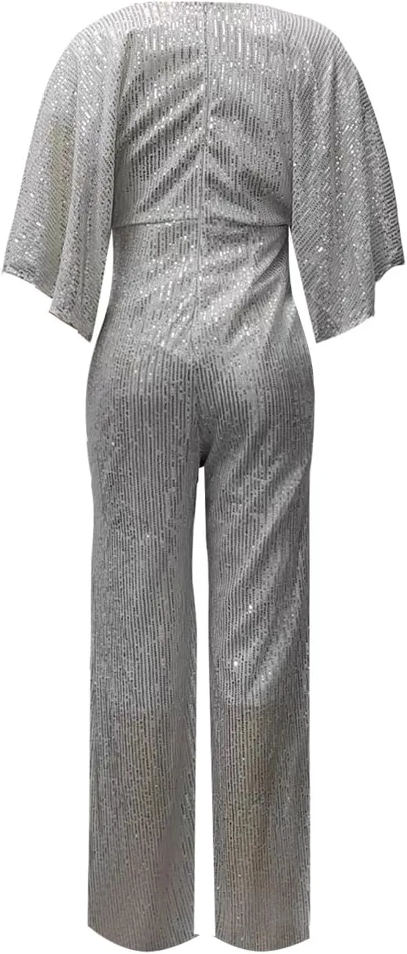 GOKKILRW Women's Sexy Sparkly Jumpsuits Elegant Deep V Neck Sequin Flare Long Sleeve Pants Outfit Cocktail Party Club Rompers