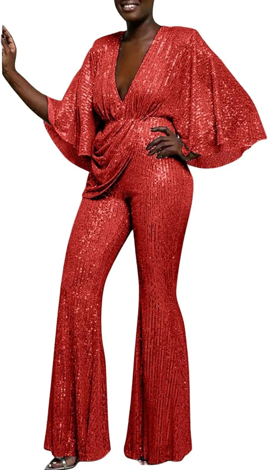 GOKKILRW Women's Sexy Sparkly Jumpsuits Elegant Deep V Neck Sequin Flare Long Sleeve Pants Outfit Cocktail Party Club Rompers