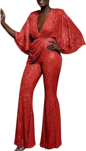 GOKKILRW Women's Sexy Sparkly Jumpsuits Elegant Deep V Neck Sequin Flare Long Sleeve Pants Outfit Cocktail Party Club Rompers