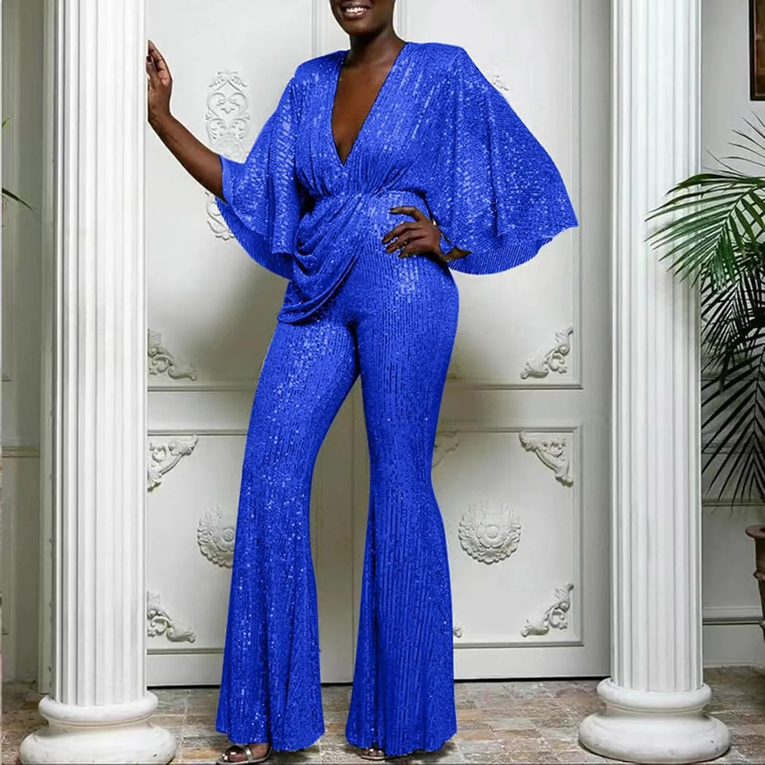 GOKKILRW Women's Sexy Sparkly Jumpsuits Elegant Deep V Neck Sequin Flare Long Sleeve Pants Outfit Cocktail Party Club Rompers