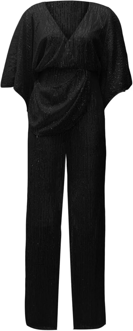 GOKKILRW Women's Sexy Sparkly Jumpsuits Elegant Deep V Neck Sequin Flare Long Sleeve Pants Outfit Cocktail Party Club Rompers