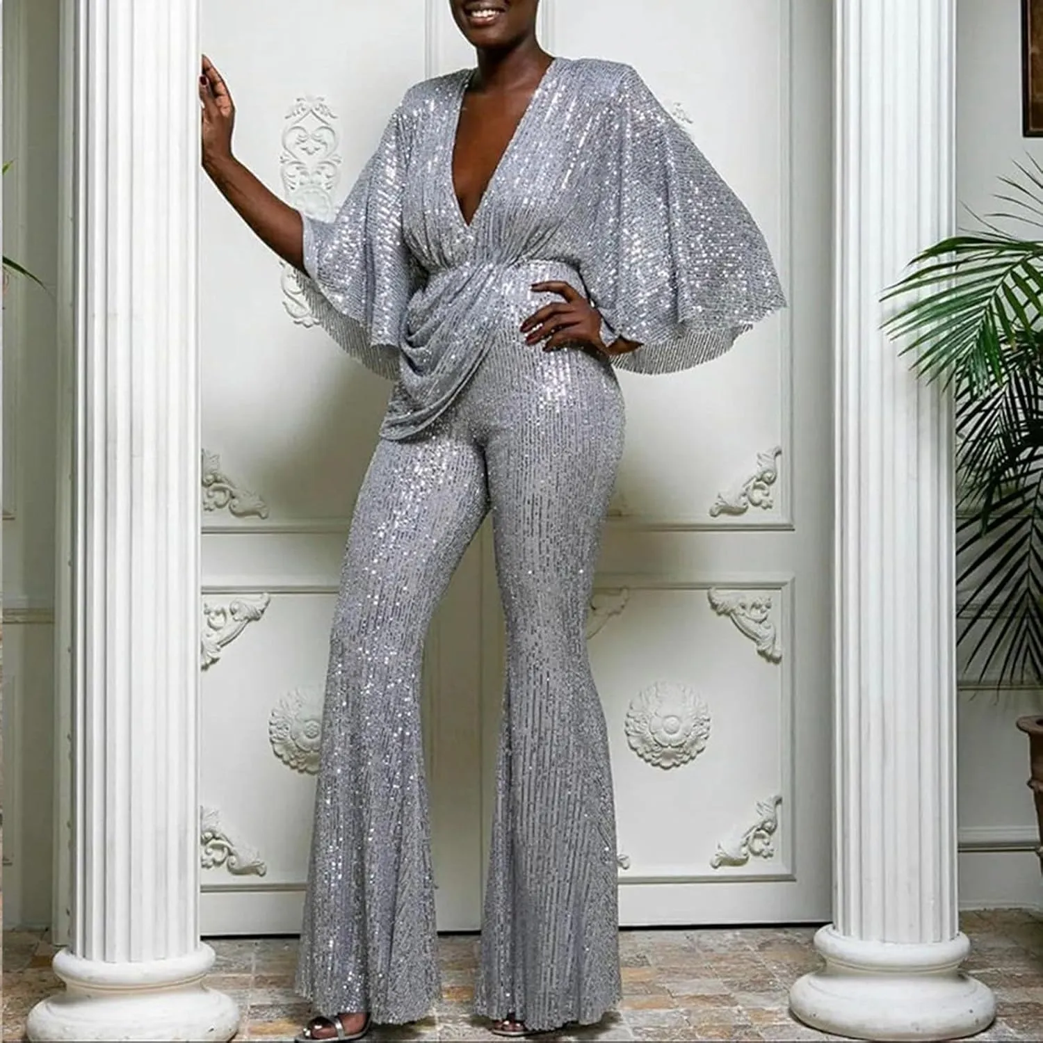 GOKKILRW Women's Sexy Sparkly Jumpsuits Elegant Deep V Neck Sequin Flare Long Sleeve Pants Outfit Cocktail Party Club Rompers