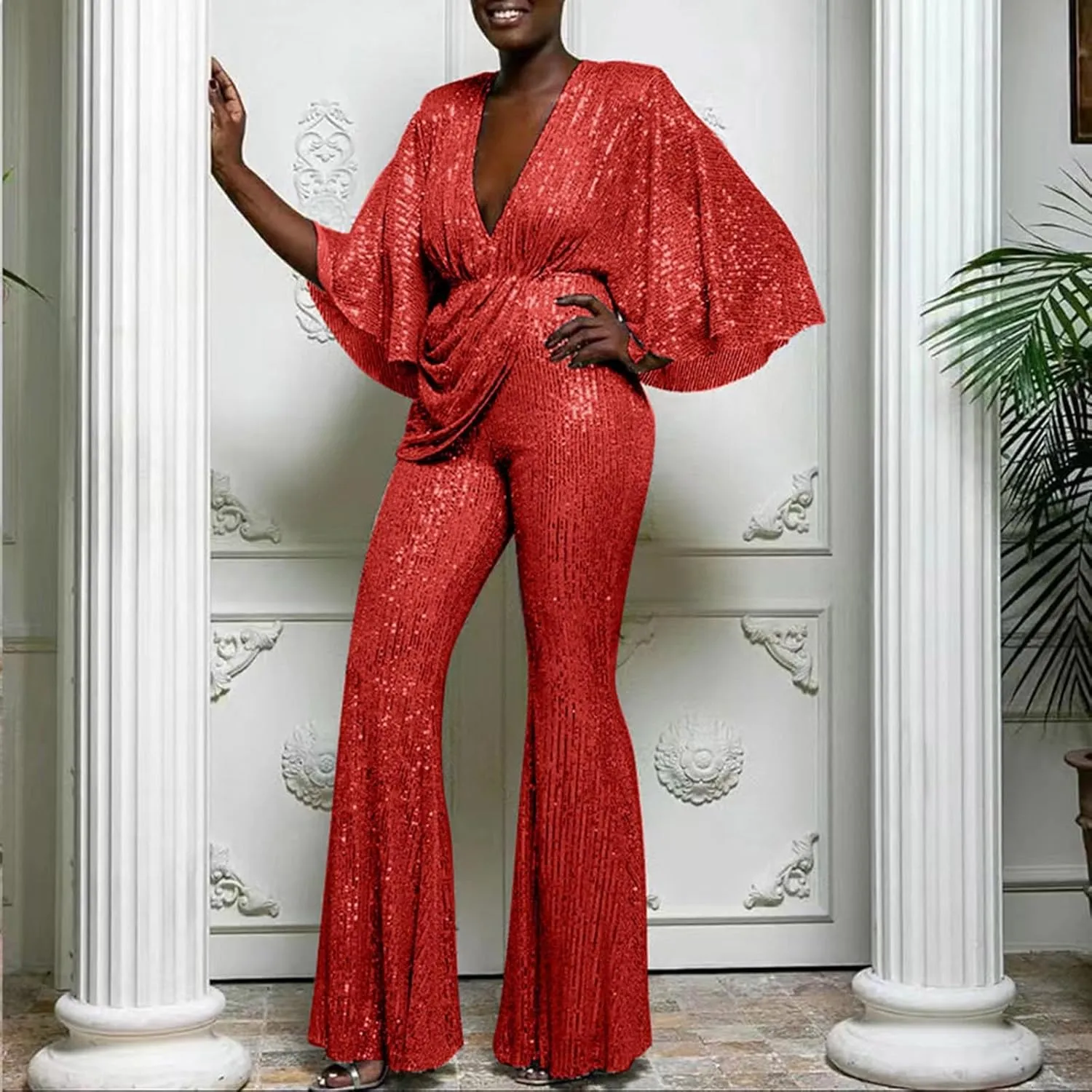 GOKKILRW Women's Sexy Sparkly Jumpsuits Elegant Deep V Neck Sequin Flare Long Sleeve Pants Outfit Cocktail Party Club Rompers