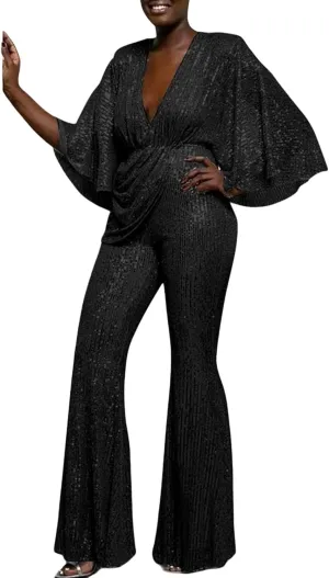 GOKKILRW Women's Sexy Sparkly Jumpsuits Elegant Deep V Neck Sequin Flare Long Sleeve Pants Outfit Cocktail Party Club Rompers