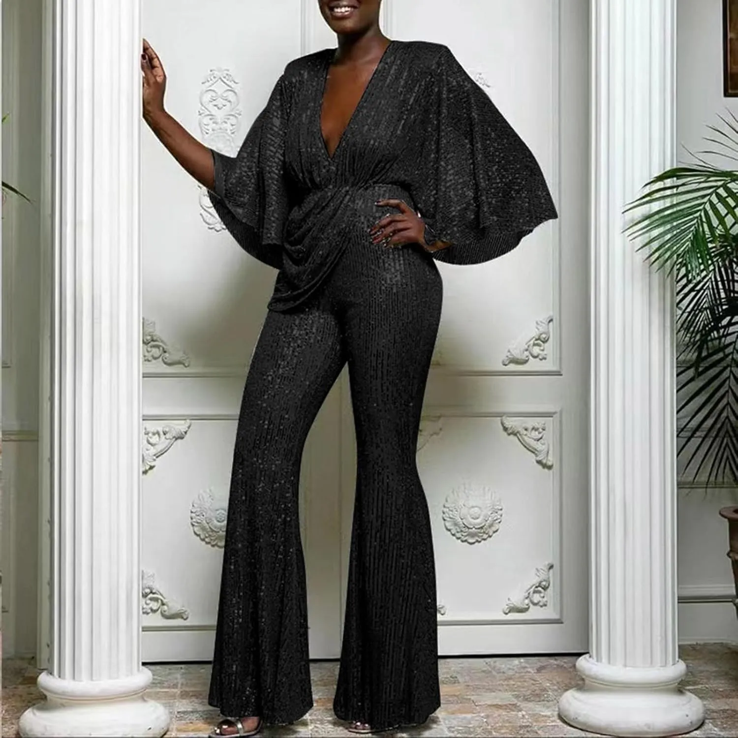 GOKKILRW Women's Sexy Sparkly Jumpsuits Elegant Deep V Neck Sequin Flare Long Sleeve Pants Outfit Cocktail Party Club Rompers
